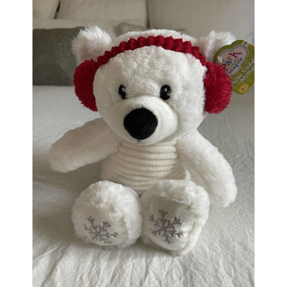 NEW Spark White Plush Rattle Polar Bear With Red Ear Muffs